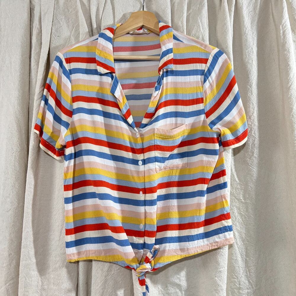 Elodie Multicolor Stripe Tie Front Button‎ Down Top XL